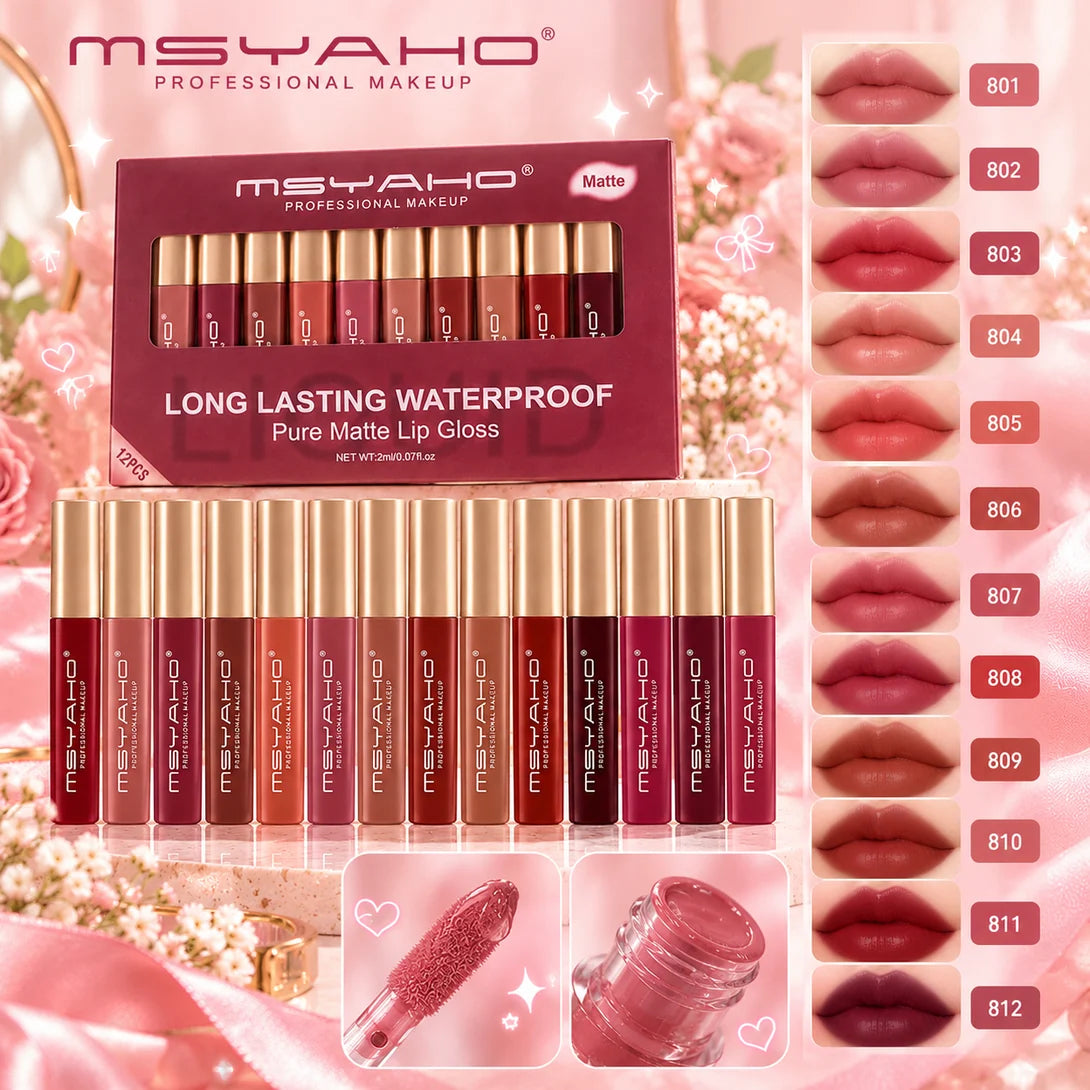 MSYAHO Long Lasting Pure Matte Lip Gloss Pack Of 12