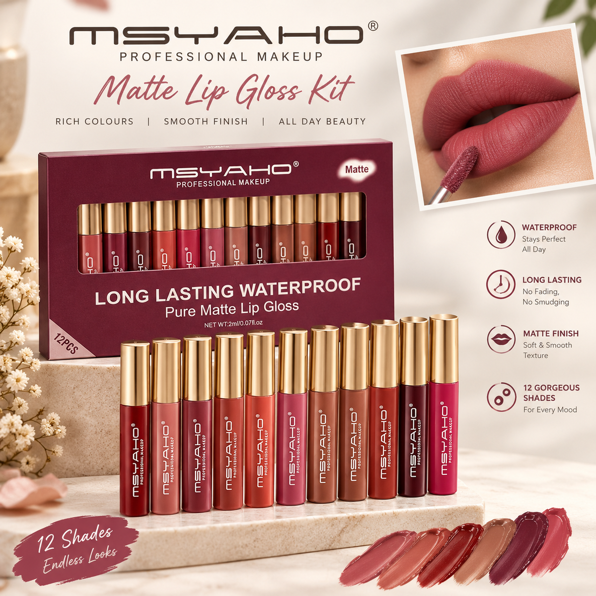 MSYAHO Long Lasting Pure Matte Lip Gloss Pack Of 12